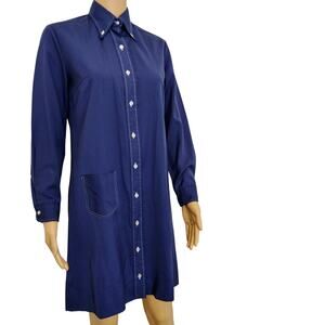 70s Blue Button Down Shirt Dress Wing Tip Collar Seam Button Cuffed Sleeve SZ S